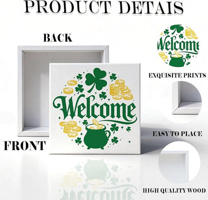 St. Patrick's Day Welcome Decor Wooden Box Sign, Pot of Gold Shamrock Tabletop Welcome Sign for Home Entryway Shelf Desk, Festive Farmhouse Holiday Wooden Decor Irish Theme 5 x 5 Inches