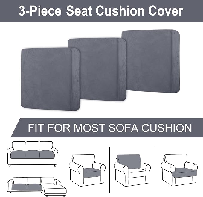 Couch Cushion Cover Velvet 3 Pieces Seat Cushion Cover Stretch Sofa Covers Separate Sectional Sofa Slipcovers Furniture Protector (3-Seater or Backrest, Dark Grey)