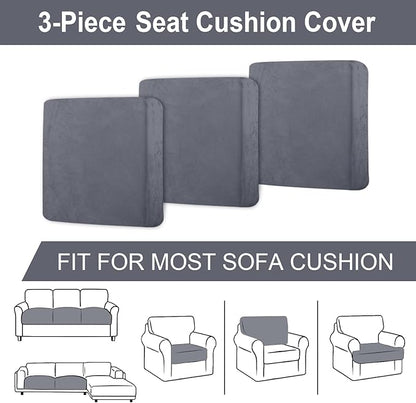 Couch Cushion Cover Velvet 3 Pieces Seat Cushion Cover Stretch Sofa Covers Separate Sectional Sofa Slipcovers Furniture Protector (3-Seater or Backrest, Dark Grey)