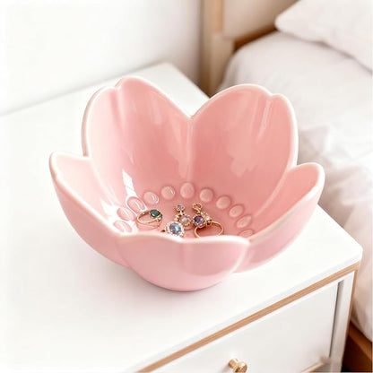 Pink Flower Ring Dish Jewelry Tray, Ceramic Jewelry Dish, Cute Small Trinket Tray, Nightstand Bathroom Decor Ring Holder, Jewlery Plate Bowl for Christmas Friendship Birthday Gifts for Women