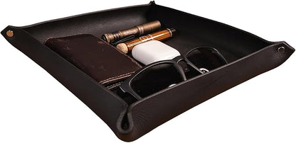 Valet Tray – Full-Grain Leather Catchall Organizer for Keys, Phone & Wallet – Rustic Nightstand & Desk Tray with Raised Sides – Handmade in USA (Black, Medium Square)