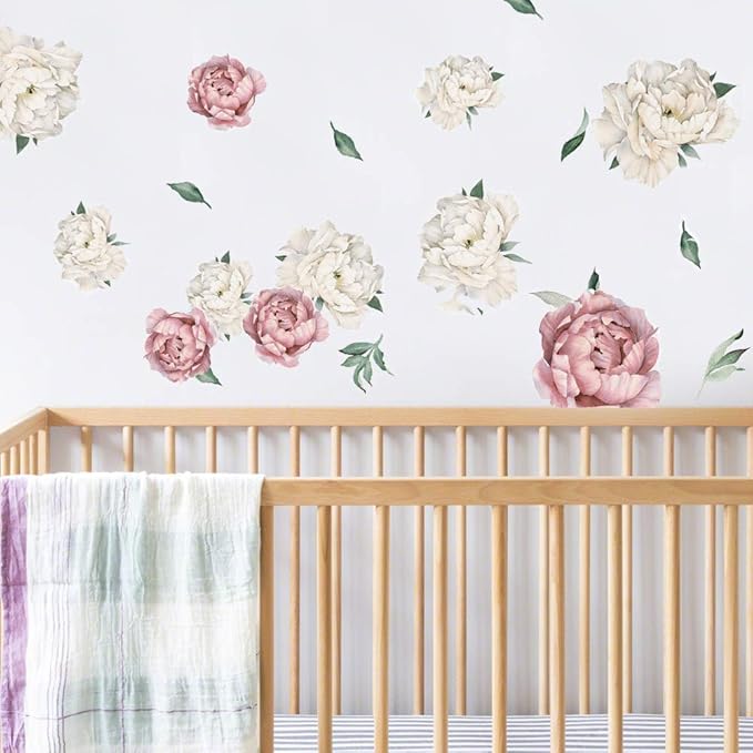 Peony Watercolor Wall Decals (Vintage Pink Watercolor) - Botanical Decor Sticker Flowers - Floral Bedroom Decals for Girls Room - Soft Flower Peonies Wall Decor Bedroom with Test Sample