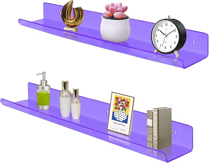 ROYALITA 24 Inches Acrylic Floating Book Shelves Wall Mounted Set of 2, Wall Hanging Plant Display Shelves, Room Decor Floating Wall Shelves for Gaming Room, Bedroom, Living Room, Office, Purple