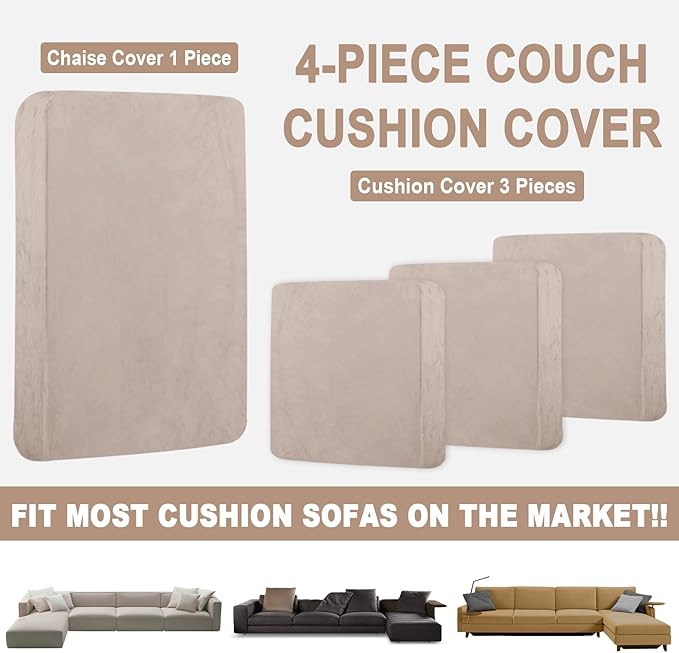 Sectional Couch Covers for 4-Piece Seat Cushion Velvet Separate L Shape Couch Cover Stretch Sofa Slipcover with 2 Pieces Pillowcases Furniture Protector (Sofa 3 Seater + 1 Chaise, Tan)