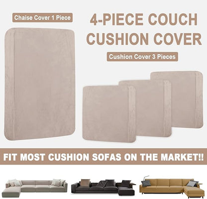 Sectional Couch Covers for 4-Piece Seat Cushion Velvet Separate L Shape Couch Cover Stretch Sofa Slipcover with 2 Pieces Pillowcases Furniture Protector (Sofa 3 Seater + 1 Chaise, Tan)