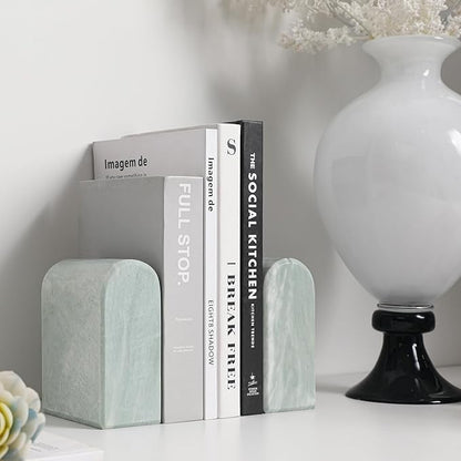 Luxury Marble Bookends for Shelves, 13LB Heavy Duty Marble Book Ends for Heavy Books, Stone Bookends Decorative, Polished, Light Green Arch, Set of 2