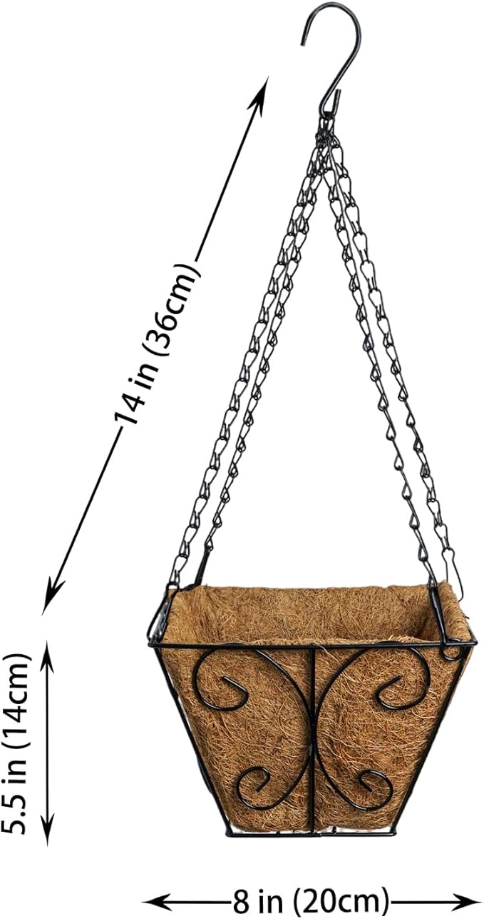 3-Pack Hanging & Wall-Mounted Plant Baskets with Natural Coconut Fiber Liner, Decorative Planters for Home Garden Patio Yard (3Pack SquareHanger, 8Inch)