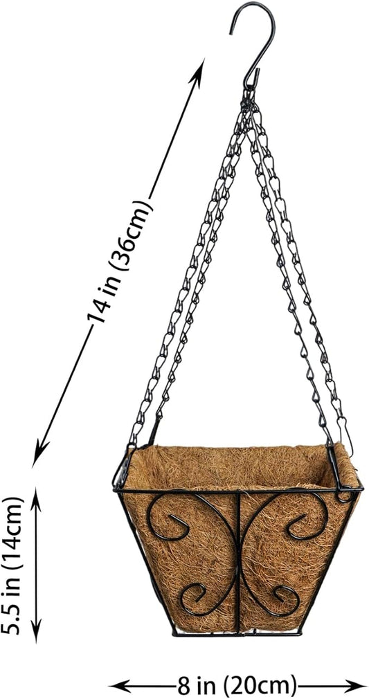 3-Pack Hanging & Wall-Mounted Plant Baskets with Natural Coconut Fiber Liner, Decorative Planters for Home Garden Patio Yard (3Pack SquareHanger, 8Inch)