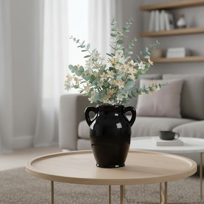 Sunddo Black Ceramic Vase - 8 Inch Modern Decorative Vase with 2 Handles, Black Centerpiece for Home Decor, Living Room, Kitchen Table, Mantle Fireplace, Bathroom Decor