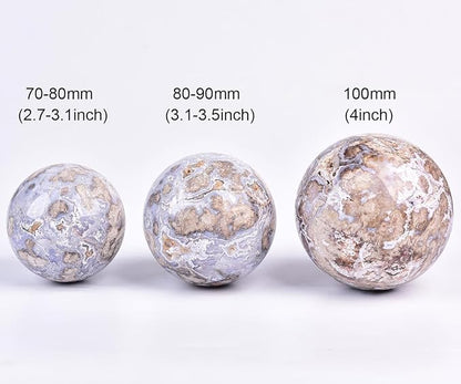 JIC Gem Large Blue Cherry Blossom Agate Crystal Ball with Stand Crystal Sphere Natural Sakura Flower Agate Stone Reiki Healing Meditation Witchcraft Home Decor 3.1-3.5 inch(80-90mm)
