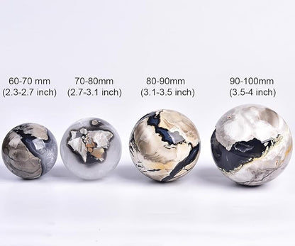 JIC Gem 2.7-3.1 inch(70-80mm) Large Volcanic Agate Crystal Sphere Quartz Crystal Ball with Stand Healing Ornament Witchcraft Meditation Decor