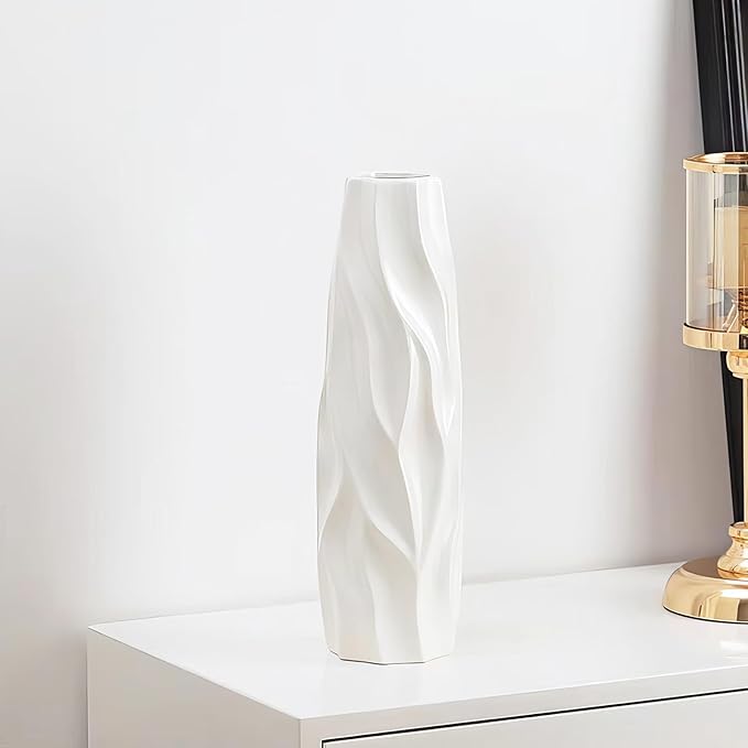 12Inch Tall Ceramic White Flower Vase,Home Decor White Vases for Pampas Grass,Modern Textured Vases for Table Centerpieces,Living Room Decorations,Shelf,Farmhouse Small Ceramic Vase