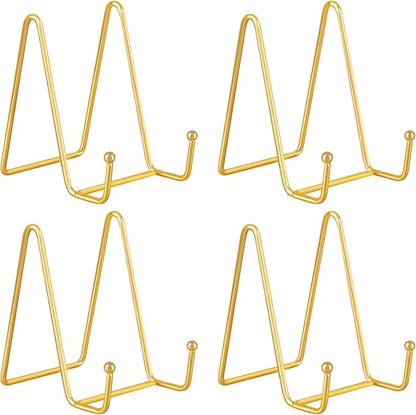 Decolore 4 Pack 4 Inch Display Stands Gold Plate Stands Metal Frame Holder Stand for Picture, Decorative Plate, Photo Easel, Artistic Work Display Stand, Picture Frames