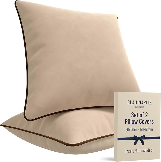 2 Pack Velvet Decorative Throw Pillow Covers, 20"x20", Beige and Brown, Solid, Modern, Contrast Piping, Indoor Use, Bedroom & Living Room