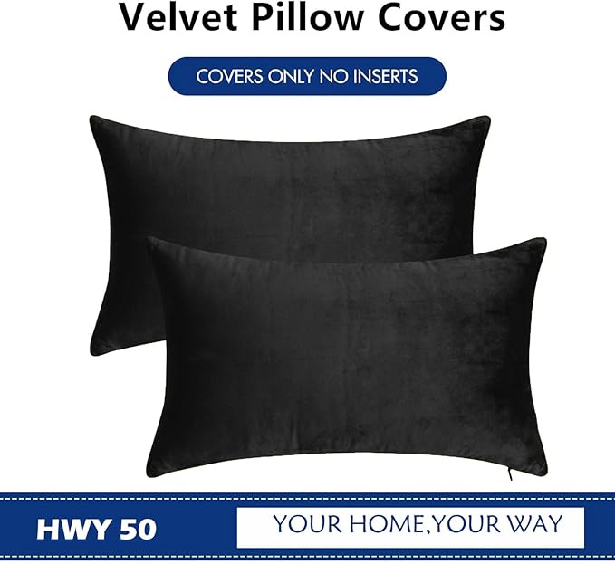 HWY 50 Black Velvet Rectangular Throw Pillow Covers 12x20 Inch, Pack of 2 Soft Cozy Solid Decorative Luxury Cushion Cases for Couch Sofa Bed Living Room Bedroom