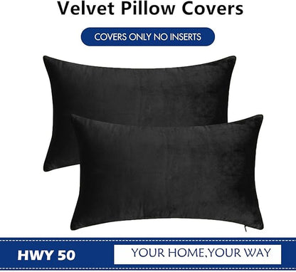 HWY 50 Black Velvet Rectangular Throw Pillow Covers 12x20 Inch, Pack of 2 Soft Cozy Solid Decorative Luxury Cushion Cases for Couch Sofa Bed Living Room Bedroom
