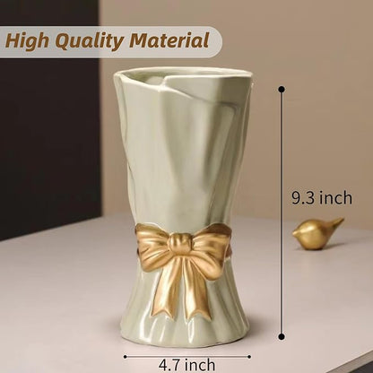 Green Bow Vase for Home Decor, 9.3 Inch Avocado Color for Boho Style, Sage Large Green Flower Vase for Ideal Shelf Decor/Table/Living Room. ﻿