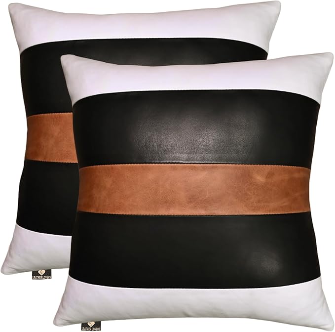 LL LEATHER LOVERS Genuine Lambskin Leather Pillow Cover, 20x20 Inch Case for Lumbar Throw Couch Pillows, Thick & Soft Cushion Covers for Sofa Bed Home Décor (White Black & Tan Pack of 2)