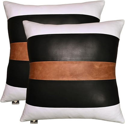 LL LEATHER LOVERS Genuine Lambskin Leather Pillow Cover, 18x18 Inch Case for Lumbar Throw Couch Pillows, Thick & Soft Cushion Covers for Sofa Bed Home Décor (White Black & Tan Pack of 2)