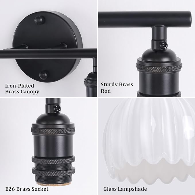 Bathroom Light Fixtures, 2-Light Black Vanity Wall Light Over Mirror with White Tulip Glass Shade for Bedroom Living Room (Bulb Not Included)
