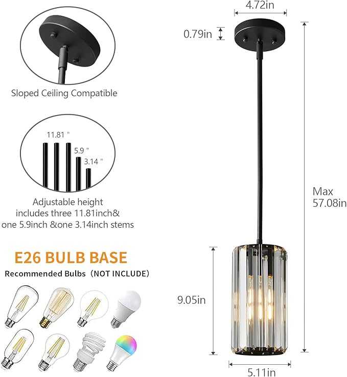 Black Pendant Lighting Modern Pendant Light Mini Crystal Chandeliers,Adjustable Pendant Light Fixture for Kitchen Island Dinning Room Corridor Bedroom(Black 2-Pack)