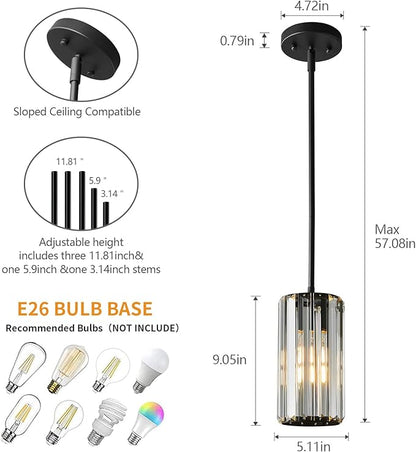 Black Pendant Lighting Modern Pendant Light Mini Crystal Chandeliers Adjustable Pendant Light Fixture for Kitchen Island Dinning Room Corridor Bedroom(Black 1-Light)