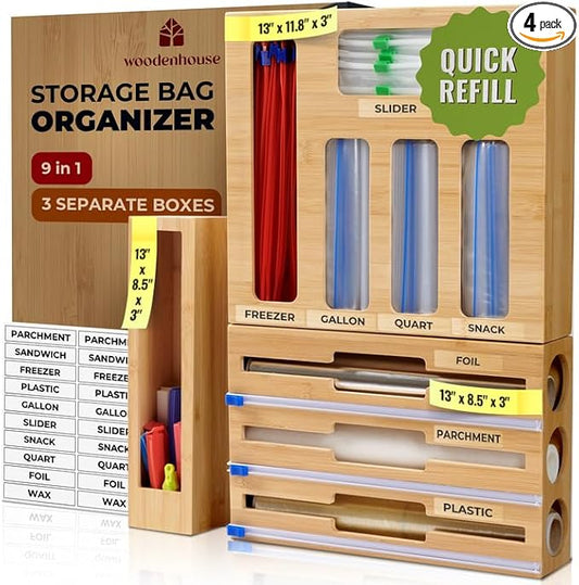 Kitchen Drawer Organizer, 9 in 1 Sandwich Storage Bag Organizer & Foil Wrap Dispenser - Fits Gallon, Quart, Snack - Plastic Bag Storage for Kitchen Organization [Measure Your Drawer Before Ordering]