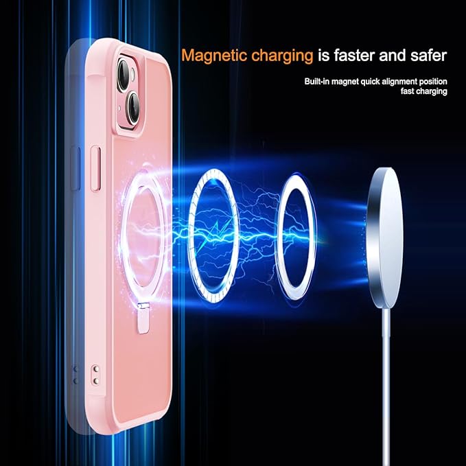 Compatible with iPhone 15 Case with Invisible Magnetic O-Ring Stand Military-Grade Translucent Case for iPhone 15 6.1" [Compatible with Mag-Safe][Great Grip Feeling], Pink
