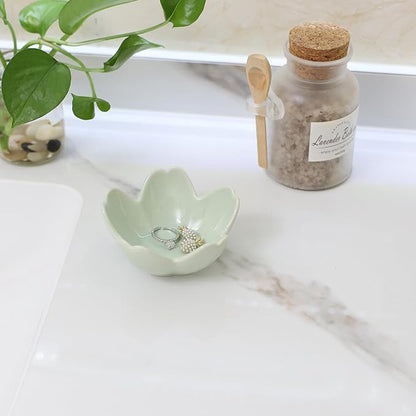 Flower Ring Dish Holder,Jewelry Dish Tray,Small Trinket Tray,Jewelry Plate Bowl,Key Bowl,Decorative Plate,Birtdhay Christmas Gifts for Women Friends,Ceramic Kiln effect Green