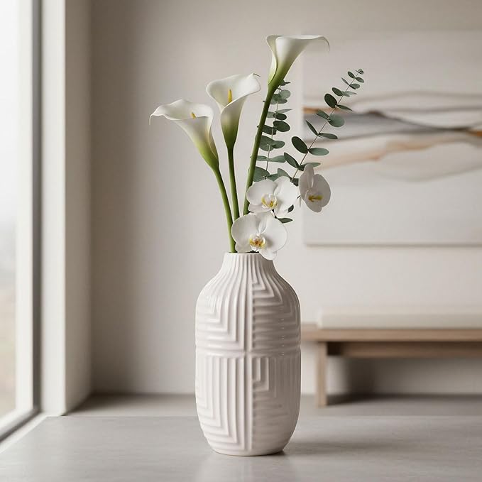 hjn Hand-Glazed White Ceramic Vase - 10.6" H Modern Decorative Centerpiece Vase for Fresh/Dried Flowers, Home Decor for Living Room Bookshelf Mantel | Wedding Housewarming Gift