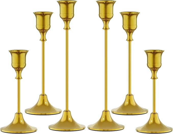 FSyueyun Gold Candle Holders Set of 6, Elegant Metal Candlestick Holders for Vintage Taper Candle Holders, Perfect for Table Centerpieces, Fireplace Mantels, Home Decor, Weddings and Party Decorations