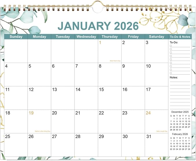 2026 Calendar - Calendar 2026 from January 2026 - December 2026, 12 Months Calendar with Premium Paper, Twin-Wire Binding & Hanging Hook, 12" x 14.5", Green Leaf