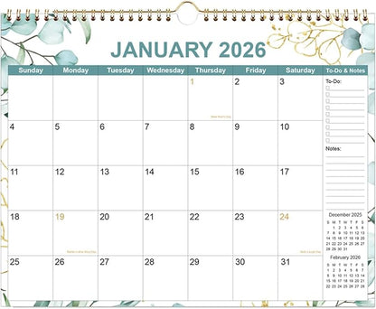 2026 Calendar - Calendar 2026 from January 2026 - December 2026, 12 Months Calendar with Premium Paper, Twin-Wire Binding & Hanging Hook, 12" x 14.5", Green Leaf