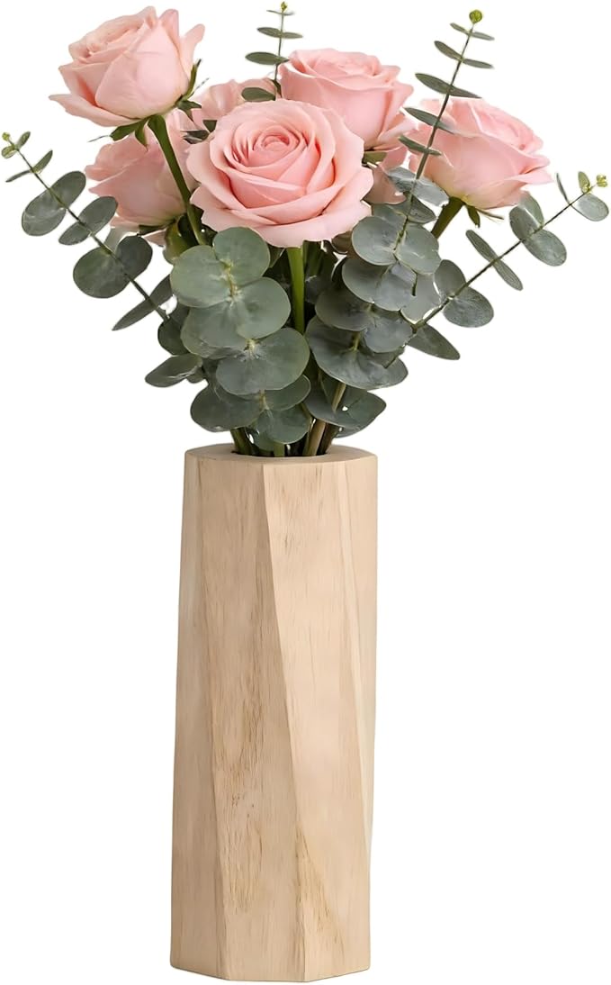 Handcrafted Natural Wood Vase | Eco-Friendly Home Decor | Unbreakable Rustic Flower Vase for DIY Painting | 9.5" Wooden Decorative (vase Wood Color)