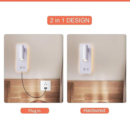 LED Wall Lamp Bedside Reading Light Plug-in 3W Headboard Wall Sconce Adjustable Wall Light with On-Off Switch Background Light 3000K(White)