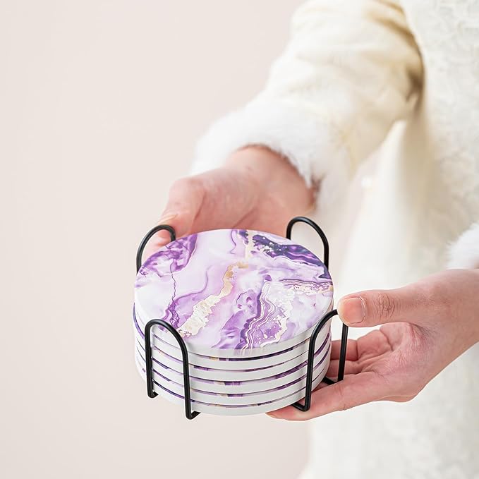 Ceramic Drink Coasters Set of 6 with Holder, Modern Marble Absorbent Ceramic Coasters, Round Ceramic Table Coasters for Home Decor Coffee Kitchen (4 Inches), Purple
