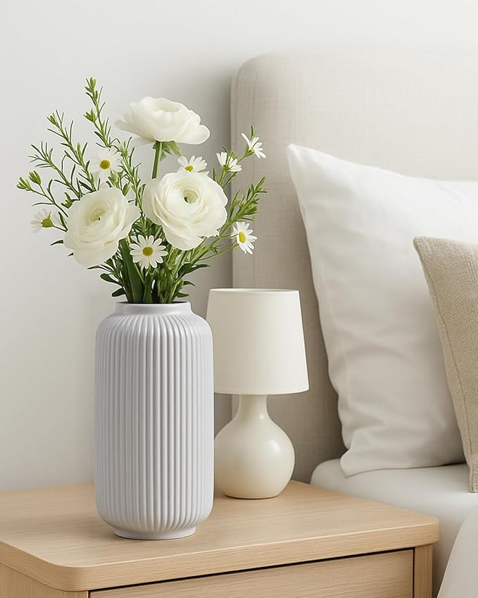 Matte White Ceramic Flower Vase, 8 Inch Ribbed Vase for Pampas Grass, Fresh or Dried Flowers, Decorative Centerpiece for Living Room, Kitchen, Bookshelf, Office Decor