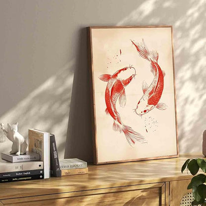 Red Koi Fish Wall Art Red Fish Painting Sea Animals Poster Vintage Animal Wall Art Neutral Beige Picture Japanese Koi Poster Chinese Canvas Oriental Aesthetic Modern Room Decor 16x24inch No Frame