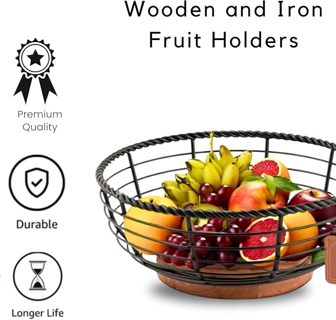 Wood and Iron Fruit Bowls Dishwasher Safe Basket Gift for Home Kitchen, Medium, Natural - 12"x12"x 5" INCHES