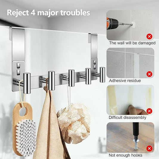 PMMASTO Shower Door Hooks, (7.5 Inch) Extended Towel Hook for Bathroom Frameless Glass Shower Doors, Stainless Steel Heavy Duty Holder for Hanging Robe,Towel (Silver 5 T-Hooks-Fits 3/8" Thick Door)
