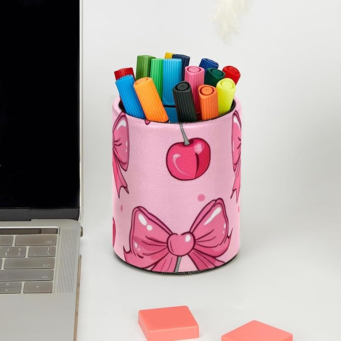 Pink Bows and Cherries on Pink Background Pen Holder for Desk, Round Pencil Cup Desktop Stationery Organizer for Home Office School Desk Brushes Storage
