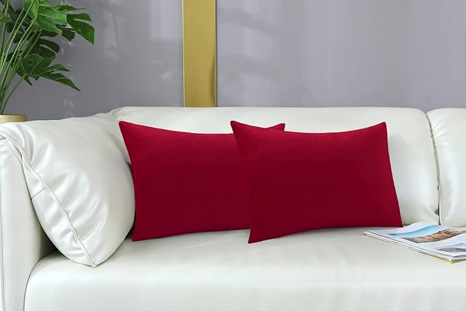 mixeoo Comfy Christmas Red Throw Pillow Covers Decorative Rectangle Solid Thick Velvet Super Soft Cushion Cases Home Decor for Sofa Couch Living Room Chair, Set of 2, 12 x 20 Inch