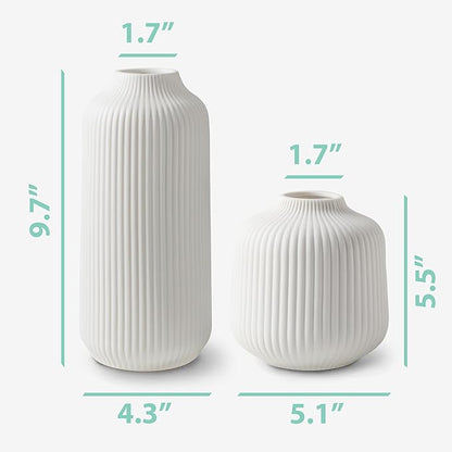 Ceramic Vases in Nordic Style, Modern Vase Deco for Pampas Grass, Boho Deco for Windowsill, Vases Set in White Matt, Flower Vase as Home Decoration for Fresh Flowers, Dried Flowers, Set of 2