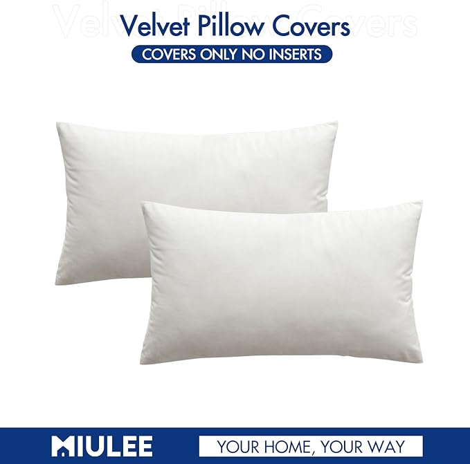 MIULEE Velvet Throw Pillow Covers 12x20 Inch, Pack of 2 - Pure White, Soft Solid Lumbar Decorative Pillow Covers Modern Luxury Home Decor for Spring Couch Sofa Bedroom Livingroom