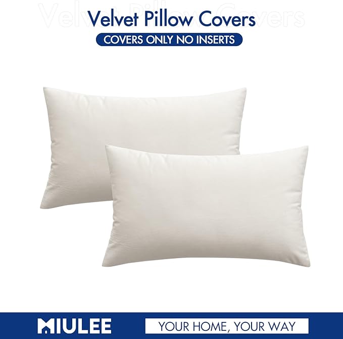 MIULEE Velvet Throw Pillow Covers 12x20 Inch, Pack of 2 - Cream White, Soft Solid Lumbar Decorative Pillow Covers Modern Luxury Home Decor for Spring Couch Sofa Bedroom Livingroom