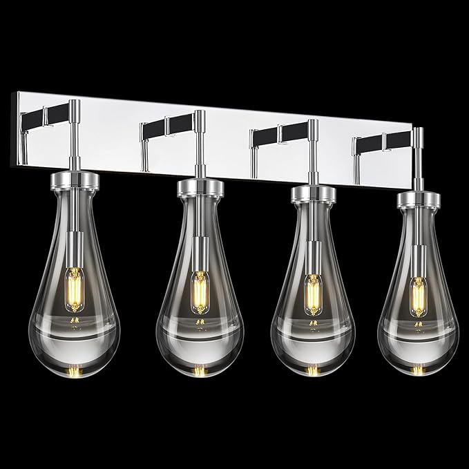 Raindrop Wall Sconces Chrome Crystal Sconces Wall Decor Modern Lighting Glass Bathroom Sconces Indoor Vanity Light Wall Lamp for Bedroom Living Room Stair(4-Light)