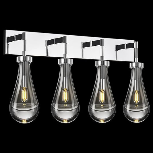Raindrop Wall Sconces Chrome Crystal Sconces Wall Decor Modern Lighting Glass Bathroom Sconces Indoor Vanity Light Wall Lamp for Bedroom Living Room Stair(4-Light)