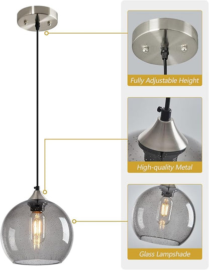 Light Grey Glass Pendant Lights Kitchen Island Lighting Globe Pendant Light Fixtures Modern Pendant Lighting for Bedroom Living Dining Room Light Fixture (7.87 in, 1 Pack)