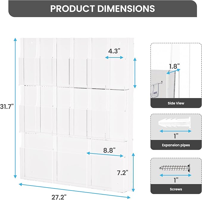 Acrylic Brochure Holder Wall Mount – 3 Magazine Racks & 12 Trifold Pamphlet Holders, Clear Literature Organizer for Office, Home, School, Clinic, Retail - Wall Mounted Flyer Display Rack, Transparent