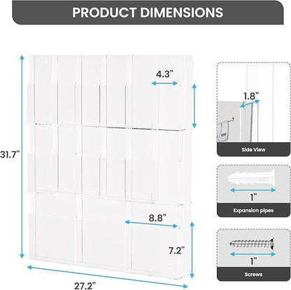 Acrylic Brochure Holder Wall Mount – 3 Magazine Racks & 12 Trifold Pamphlet Holders, Clear Literature Organizer for Office, Home, School, Clinic, Retail - Wall Mounted Flyer Display Rack, Transparent